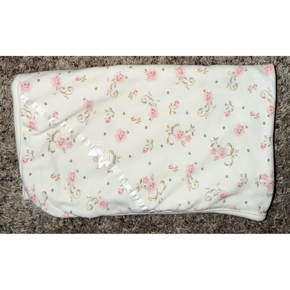 Little Me Baby Blanket White Pink Tiny Roses Ribbon Bow Girl Cotton Cottage Chic